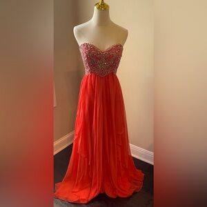 075 Elegant Strapless coral- Red Evening Gown